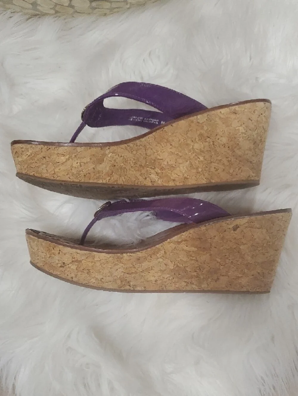 Tory Burch Purple Leather Logo Thong  Wedge Sandals
